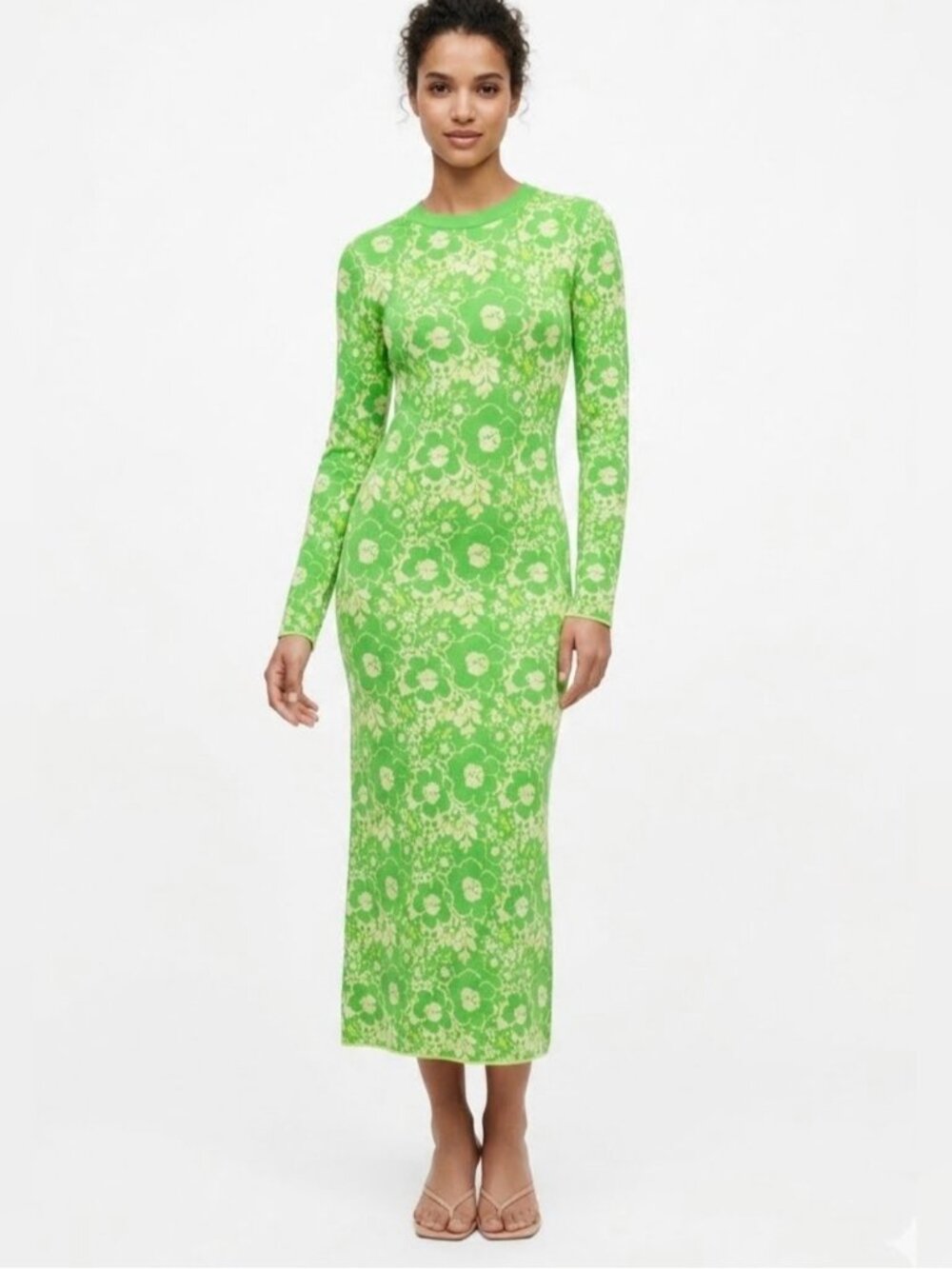 EUC Zara Neon Green Floral Jacquard Knit Long Maxi Dress Size Small - 443